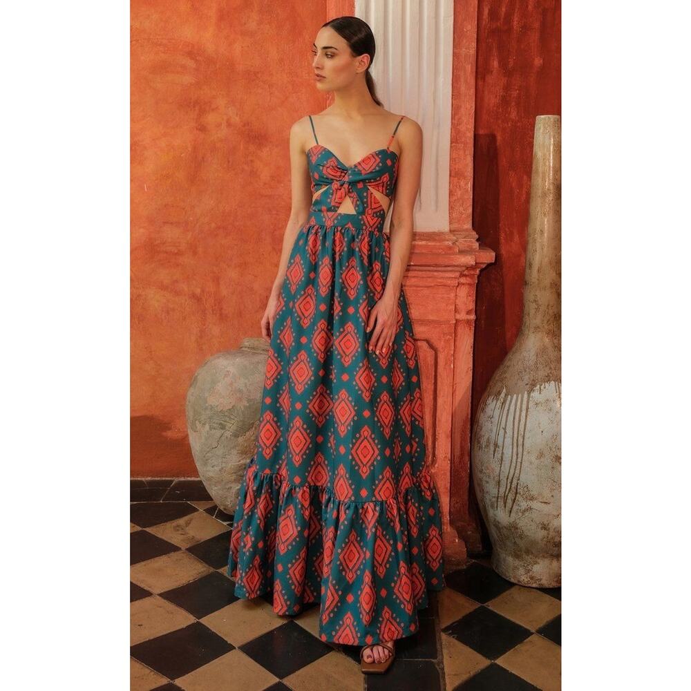 Andres Otalora Menara Cotton Teal Orange Print Sleeveless Dress 0 XS